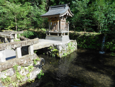 池に浮かぶ宇奈岐日女神社の社殿（六所様）