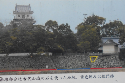 黄色い部分が鉄門跡・赤線部分が神籠石・唐原山城の石垣