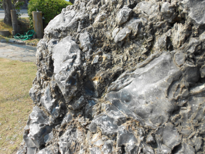 姫島の黒曜石は乳白色を帯びているのが特徴。鹿児島から大阪に至る遺跡より発見されている