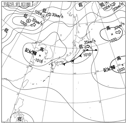天気図　２０１３年９月８日　午後６時実況